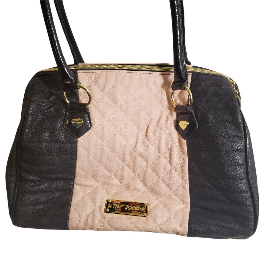 Betsey Johnson Faux Leather Handbag Pale Pink Black Gold Zippers And Trim